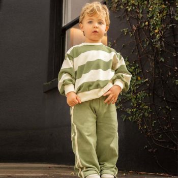 Unisex Kids Cotton Green Striped Sweatshirt and Track Pants Set