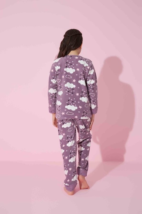Tarık Girls' Cloud Print Long Sleeve Fleece Pajama Set