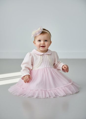 Baby Cotton Pink Dress with Tulle and Lace Details - Long Sleeve Elegant Design
