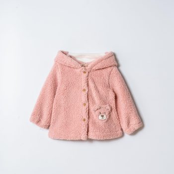Girls' Cotton Pink Teddy Print Hooded Button-Up Coat with Bear Pocket