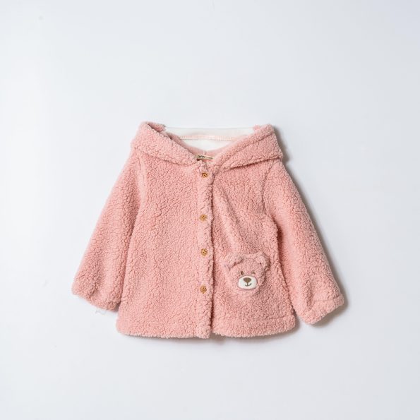Girls' Cotton Pink Teddy Print Hooded Button-Up Coat with Bear Pocket