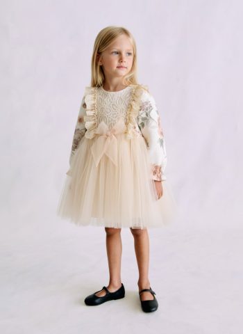 Girls' Cotton Lace Floral Tulle Dress - Bow Detail Special Occasion Dress