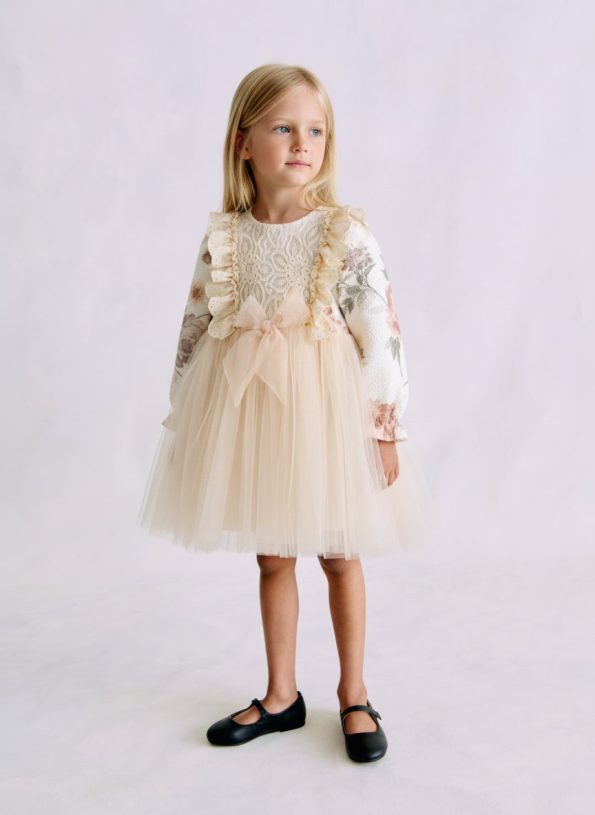 Girls' Cotton Lace Floral Tulle Dress - Bow Detail Special Occasion Dress