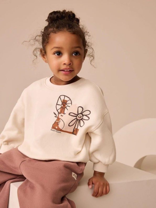 Girls' Cotton Ecru Printed Sweatshirt and Rose Dust Tracksuit - Comfortable Fit