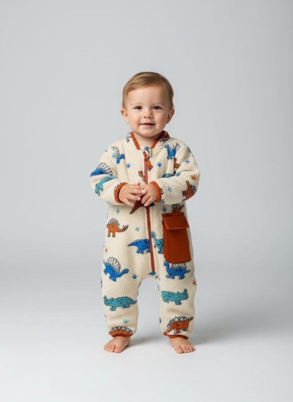 Boys' Cotton Cream Animal Print Jumpsuit with Pockets and Zipper