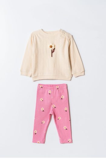 Girls' Cotton Cream Sweatshirt and Pink Floral Leggings Set