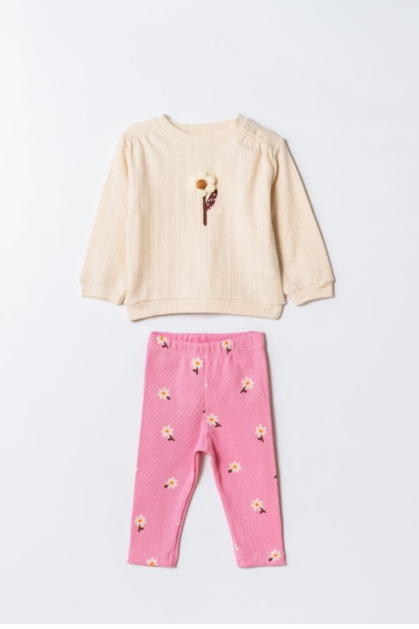 Girls' Cotton Cream Sweatshirt and Pink Floral Leggings Set
