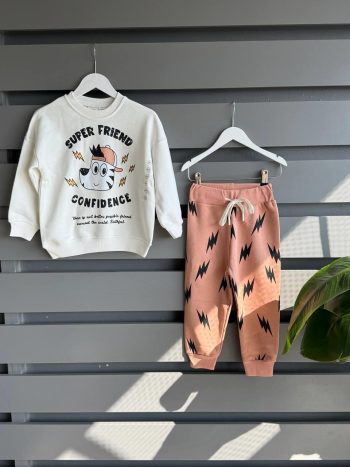 Boys' Cotton Ecru Dog Print Sweatshirt and Orange Patterned Tracksuit Set