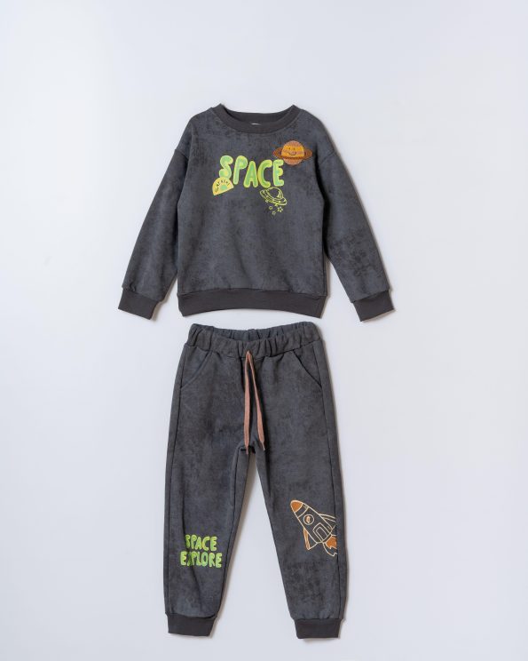 Boys' Cotton Charcoal Space-Themed Tracksuit - Planet and Rocket Print