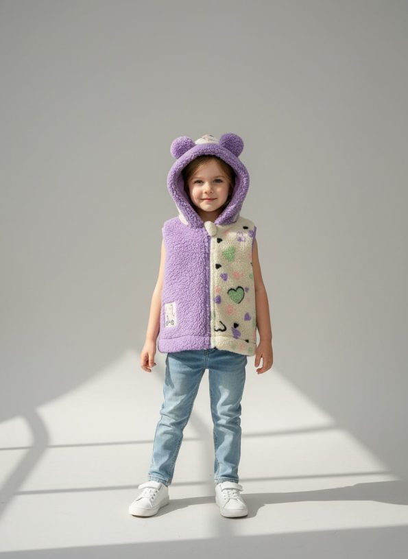 Girls' Cotton Lilac Heart Plush Hooded Vest
