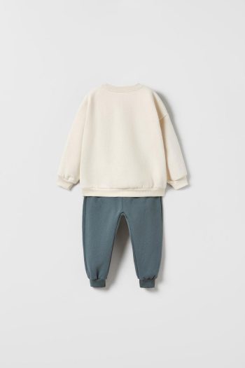 Boys' Cotton Cream Dog Print Sweatshirt and Blue Sweatpants Set