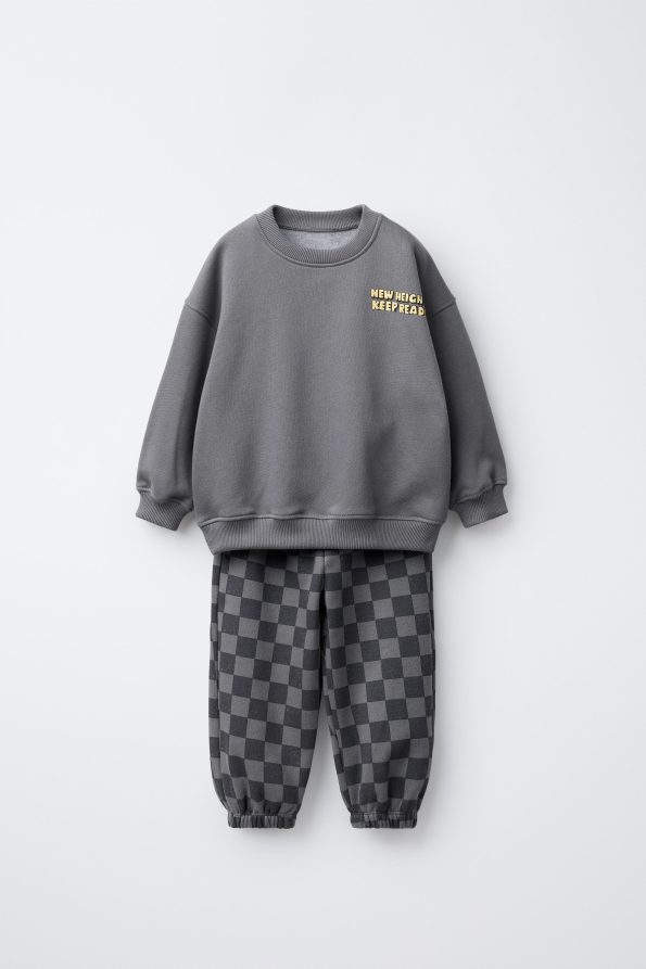 Boys' Cotton Charcoal Checkered Tracksuit - New Heights Detail