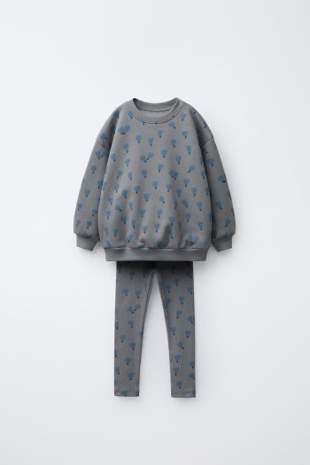Girls' Cotton Grey Floral Patterned Sweatshirt and Leggings Set