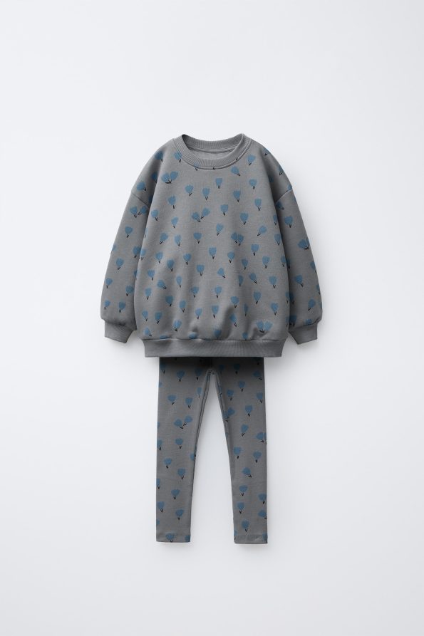Girls' Cotton Grey Floral Patterned Sweatshirt and Leggings Set