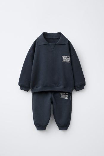 Boys' Cotton Navy Blue Polo Collar "Make It Happen" Tracksuit - Comfortable Fit
