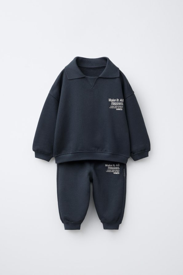 Boys' Cotton Navy Blue Polo Collar "Make It Happen" Tracksuit - Comfortable Fit
