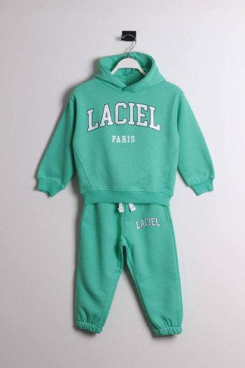 Unisex Kids Cotton Green Printed Hoodie and Cuffed Sweatpants Set