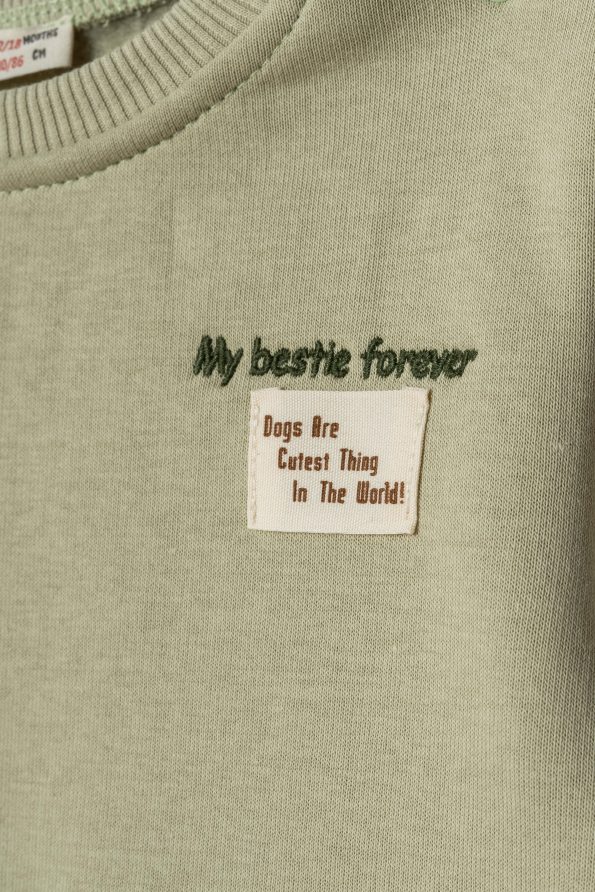 Boys' Cotton Green Sweatshirt and Dog Embroidered Jogger Set