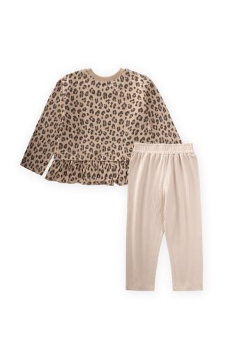 Patterned Long Sleeve T-Shirt Set for Ages 1-8 Beige