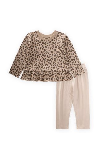 Patterned Long Sleeve T-Shirt Set for Ages 1-8 Beige