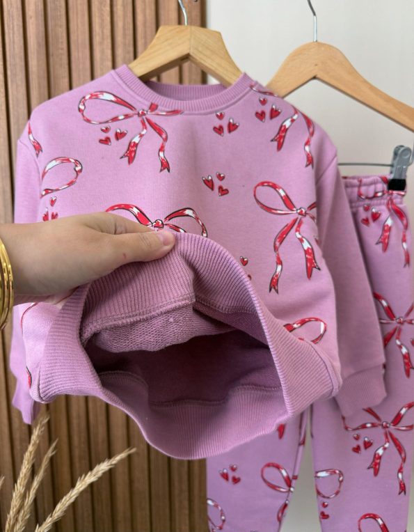 Girls' Cotton Pink Ribbon Patterned Tracksuit - Heart Print Sweatshirt and Pants