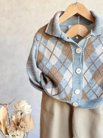 Boys' Cotton Blue Checkered Knit Cardigan and Beige Pants Set