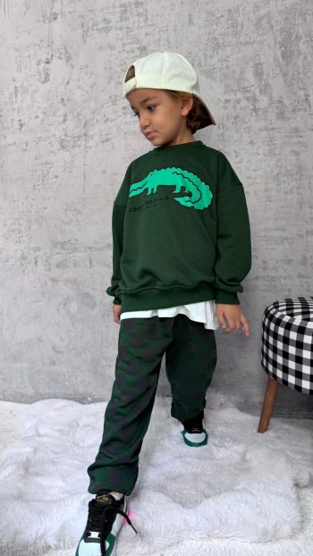 Boys' Cotton Green Crocodile Print Sweatshirt and Checkered Pants Set