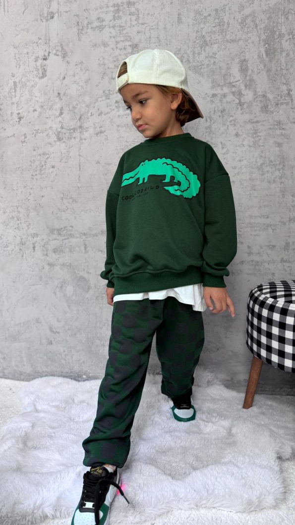 Boys' Cotton Green Crocodile Print Sweatshirt and Checkered Pants Set