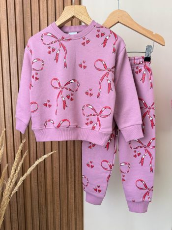Girls' Cotton Pink Ribbon Patterned Tracksuit - Heart Print Sweatshirt and Pants
