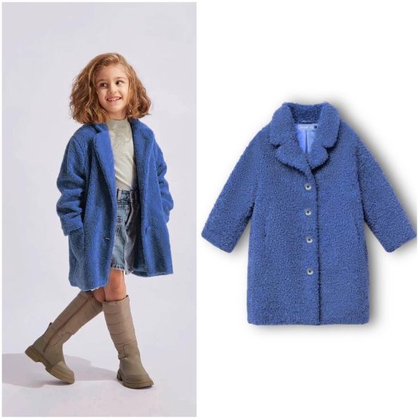 Girls' Cotton Blue Plush Fur Coat - Buttoned, Soft Texture, Lined