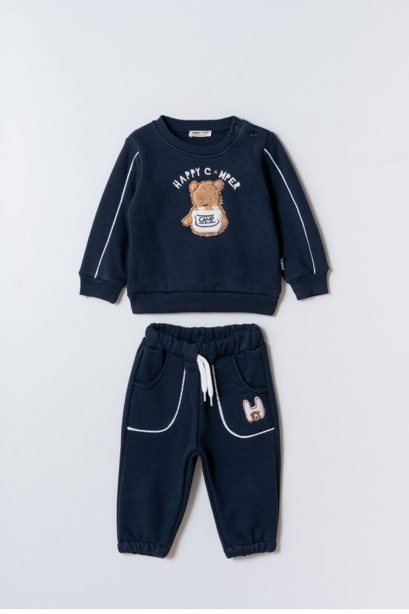 Boys' Cotton Navy Sweatshirt and Bear Embroidered Jogger Set