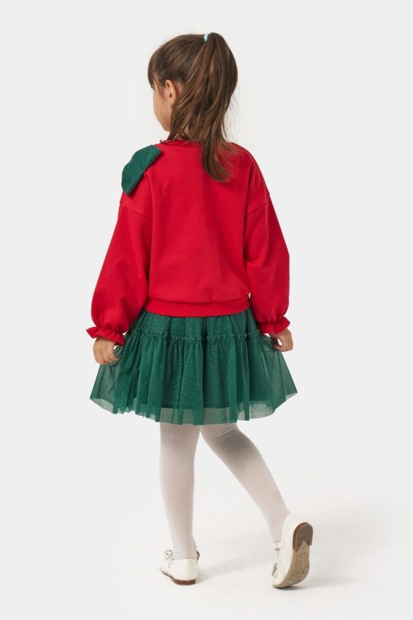 Girls' Cotton Red Bow Sweatshirt with Green Tulle Skirt Set