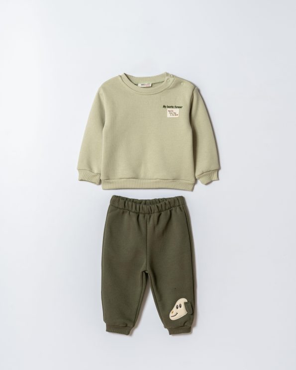Boys' Cotton Green Sweatshirt and Dog Embroidered Jogger Set