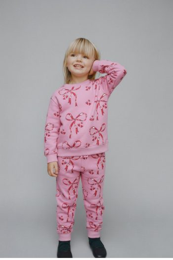 Girls' Cotton Pink Ribbon Patterned Tracksuit - Heart Print Sweatshirt and Pants