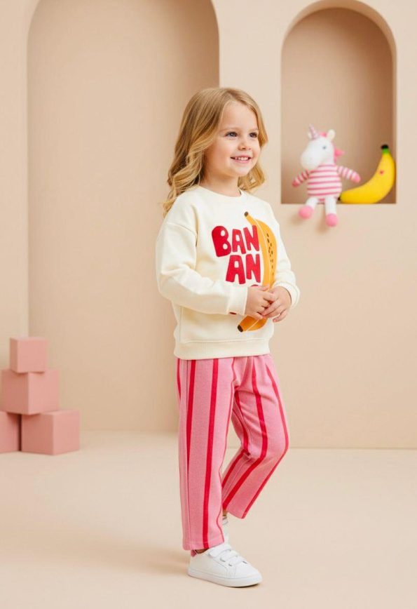 Girls' Cotton Ecru Banana Print Sweatshirt and Pink Striped Pants Set