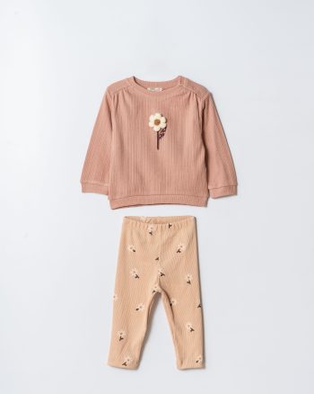 Girls' Cotton Pink Floral Patterned Two-Piece Set - Sweatshirt and Leggings
