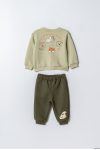 Boys' Cotton Green Sweatshirt and Dog Embroidered Jogger Set