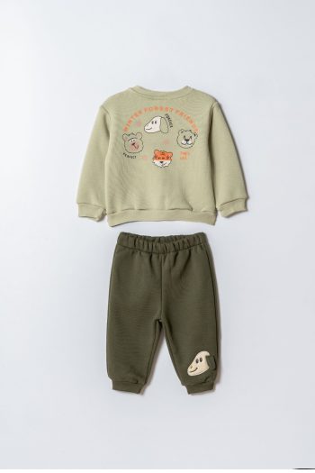 Boys' Cotton Green Sweatshirt and Dog Embroidered Jogger Set