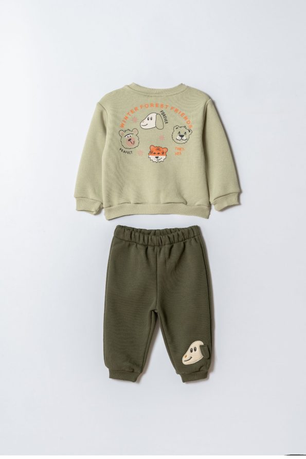 Boys' Cotton Green Sweatshirt and Dog Embroidered Jogger Set
