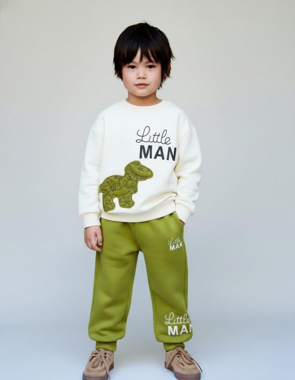 Boys' Cotton Green Little Man Dinosaur Print Tracksuit - Comfortable Fit