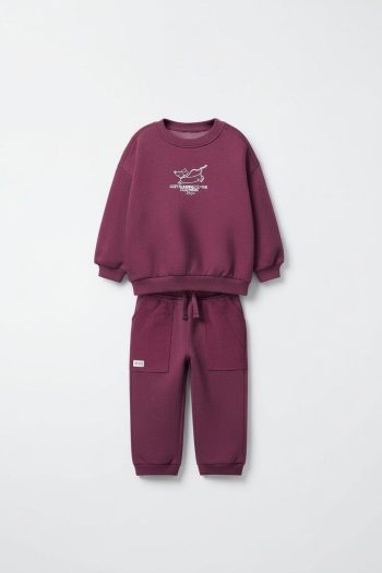 Unisex Kids Cotton Plum Dog Print Tracksuit - Relaxed Fit with Pockets