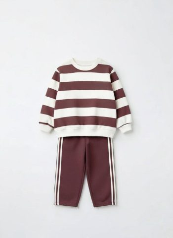 Unisex Kids Cotton Brown Striped Sweatshirt and Track Pants Set - Relaxed Fit