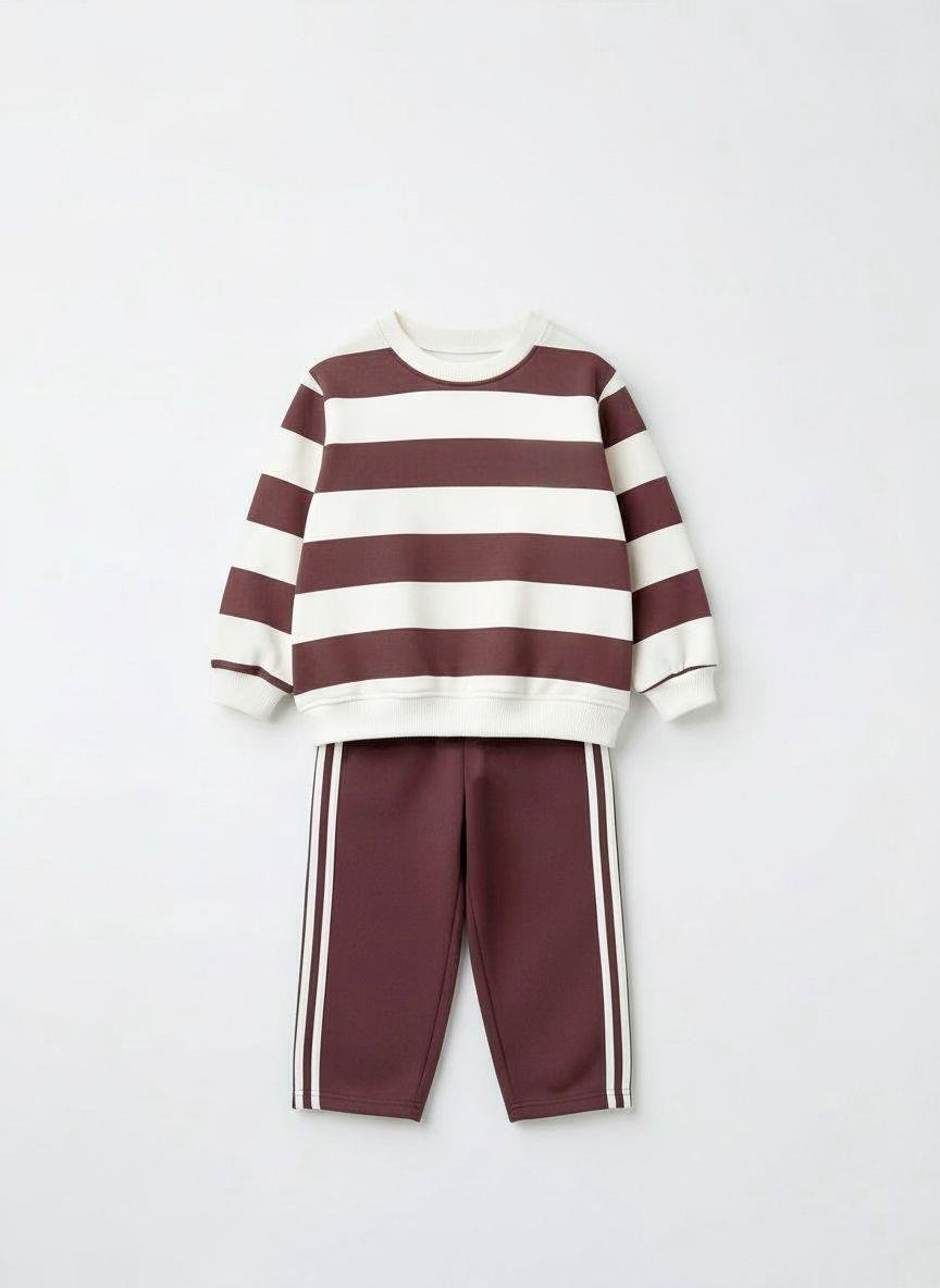 9fadaee5-bbf3-430c-9b65-5b5c8b610e4a-771726.jpeg Unisex Kids Cotton Brown Striped Sweatshirt and Track Pants Set - Relaxed Fit