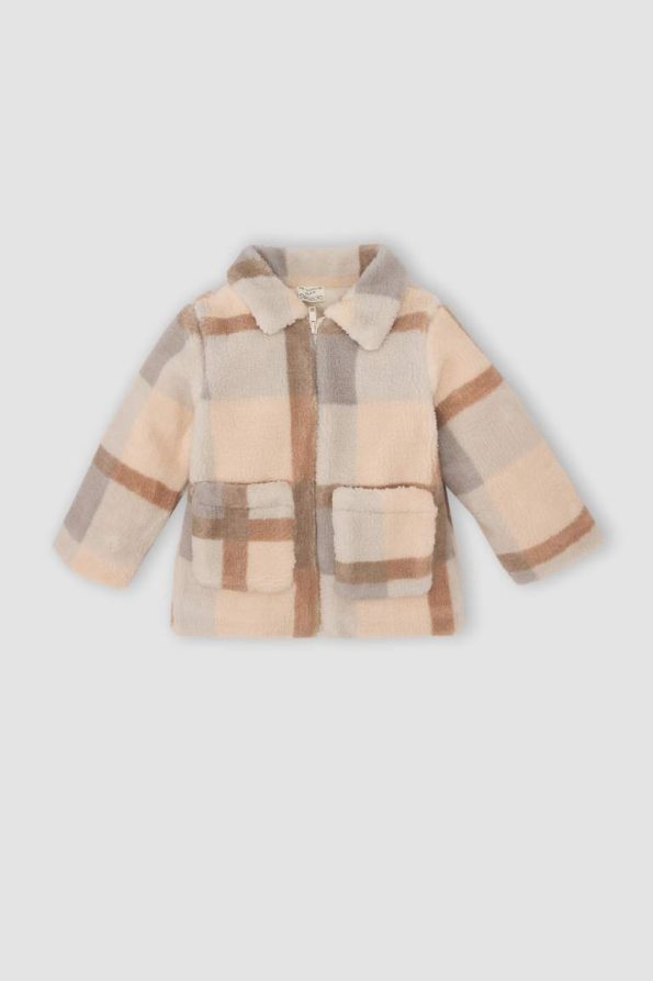 Girls' Baby Shirt Collar Zippered Checkered Welsoft Plush Cardigan