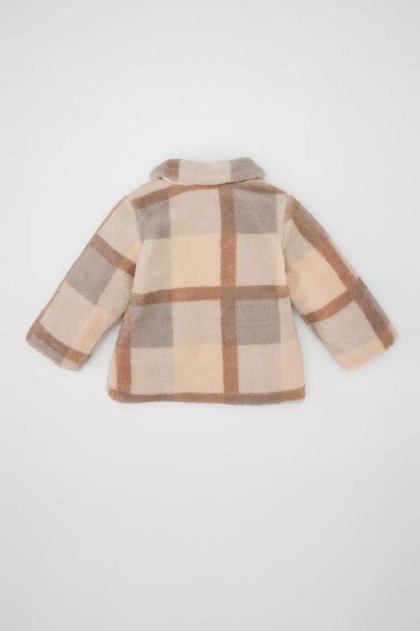 Girls' Baby Shirt Collar Zippered Checkered Welsoft Plush Cardigan