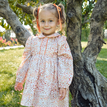 Floral Velvet Trim Orange Cotton Dress for Girls