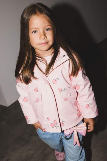 Girls' Baby Windproof Waterproof Hooded Patterned Snaps Pocket Jacket