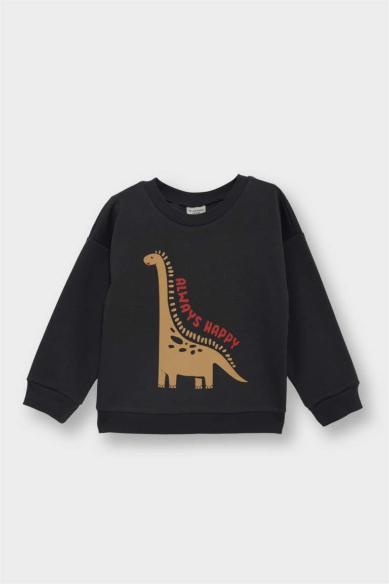 E9230A5_25AU_AR1_01_01.jpg Boys' Soft Fleece Lined Dinosaur Print Crew Neck Sweatshirt