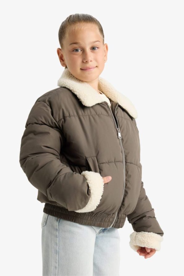 Girls' Plush Collar Zippered Jacket