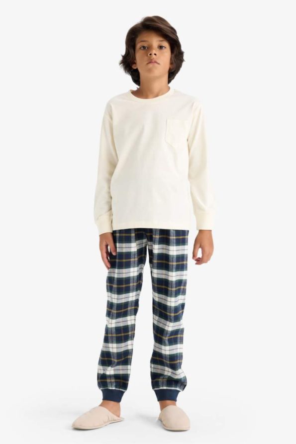Boys' Long Sleeve Pajama Set with Checkered Bottoms